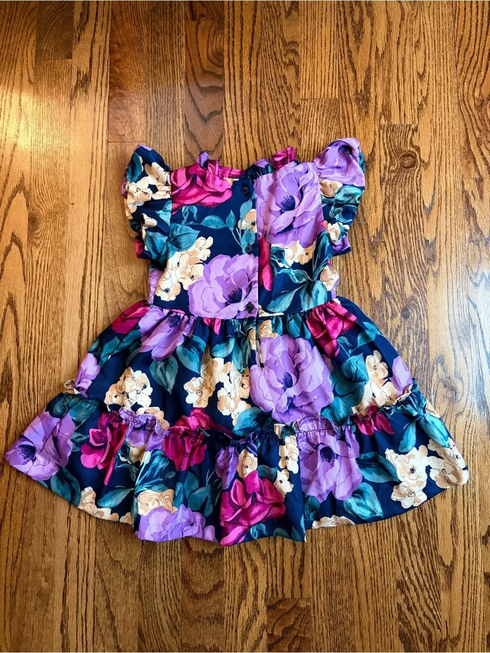 Janie and Jack Navy Floral Ruffle Dress with Pink, Purple and Cream Blooms